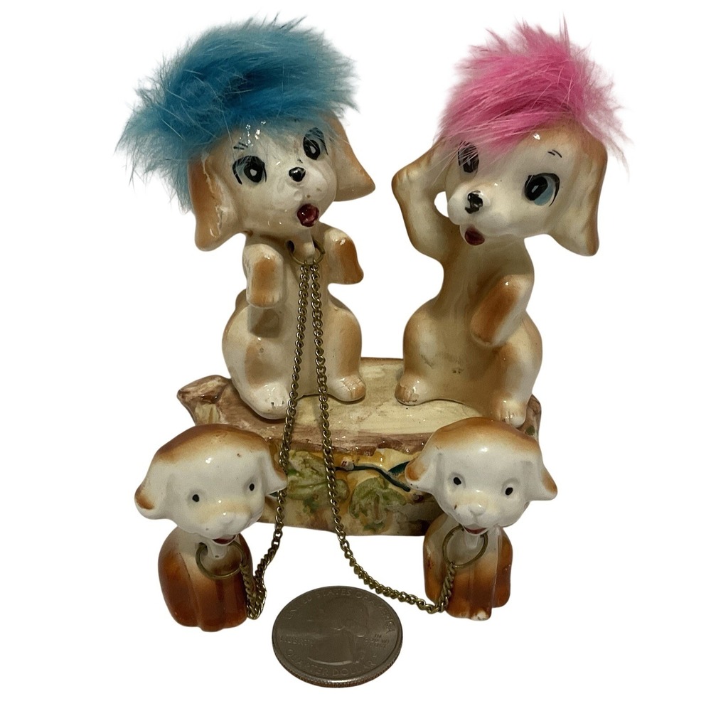 Vintage Ceramic Dog Figurines‎ 4 Piece Set Blue Pink Poodle Puppies Japan